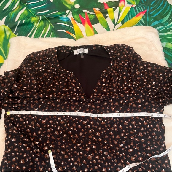 Kasper XL Black Brown Abstract Spotted Textured Sheer Peasant Sleeve Office Top - Picture 6 of 9